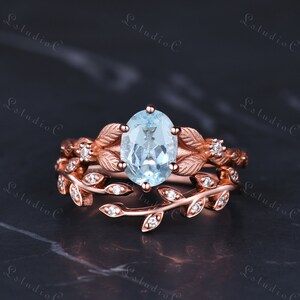 Retro Oval Cut Aquamarine Leaf Engagement Ring Set Solid Rose Gold Vintage Art Deco Diamond Wedding Ring Set Dainty Twig Vine Bridal Set