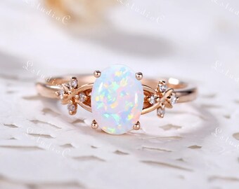 Vintage Oval Opal Flower Engagement Ring Silver 14k Rose Gold Antique Nature Inspired Opal Ring Art Deco Solitaire Opal Ring for Women