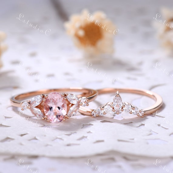 Oval Morganite Engagement Ring Set Rose Gold Pink Morganite Wedding Ring Set Vintage Morganite Ring Dainty Ring Moissanite Bridal Set 2pcs