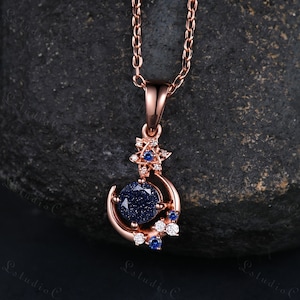 Delicate Round Cut Blue Sandstone Necklace Rose Gold Unique Star Moon Sapphire Moissanite Pendant Art Deco Women Anniversary Gift for her