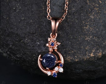 Zarte Rundschliff Blauer Sandstein Halskette Rose Gold Einzigartige Stern Mond Saphir Moissanit Anhänger Art Deco Frauen Jahrestag Geschenk für sie