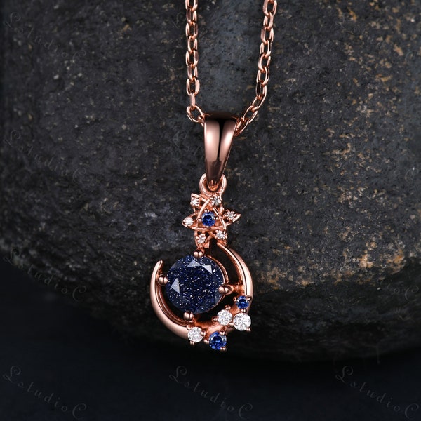 Delicate Round Cut Blue Sandstone Necklace Rose Gold Unique Star Moon Sapphire Moissanite Pendant Art Deco Women Anniversary Gift for her