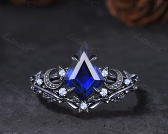 Gothic Kite Cut Blue Sapphire Star Moon Engagement Ring Set Silver Black Gold Celestial Moonstone Ring Blue Gemstones Leaf Twig Ring for Her