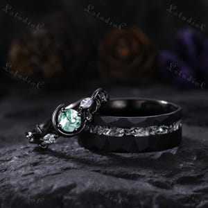 Dainty Moss Agate Black Gold Couple Ring Set Tungsten Meteorite Men Wedding Ring for His and Her Vintage Bridal Set Unique Anniversary Gift