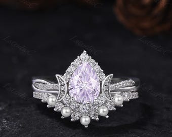 Pear Shape Firework Cut Lavender Purple Sapphire Engagement Ring Set Silver White Gold Pearl Moissanite Wedding Band September Birthstone