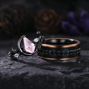Kite Cut Rose Quartz Couple Ring Set Black Onyx Men Ring for His and Her Vintage Leaf Bridal Set Unique Anniversary Gift for Men Women
