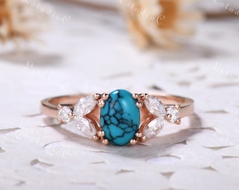 Vintage Oval Turquoise Engagement Ring 14k Rose Gold Marquise Moissanite Ring Nature Inspired Leaf Ring Art Deco Ring for Women Jewelry