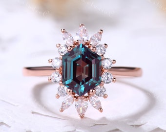 Hexagon Alexandrite Ring Art Deco Alexandrite Engagement Ring Alexandrite Vintage Ring Purple Alexandrite Ring Rose Gold Alexandrite Ring