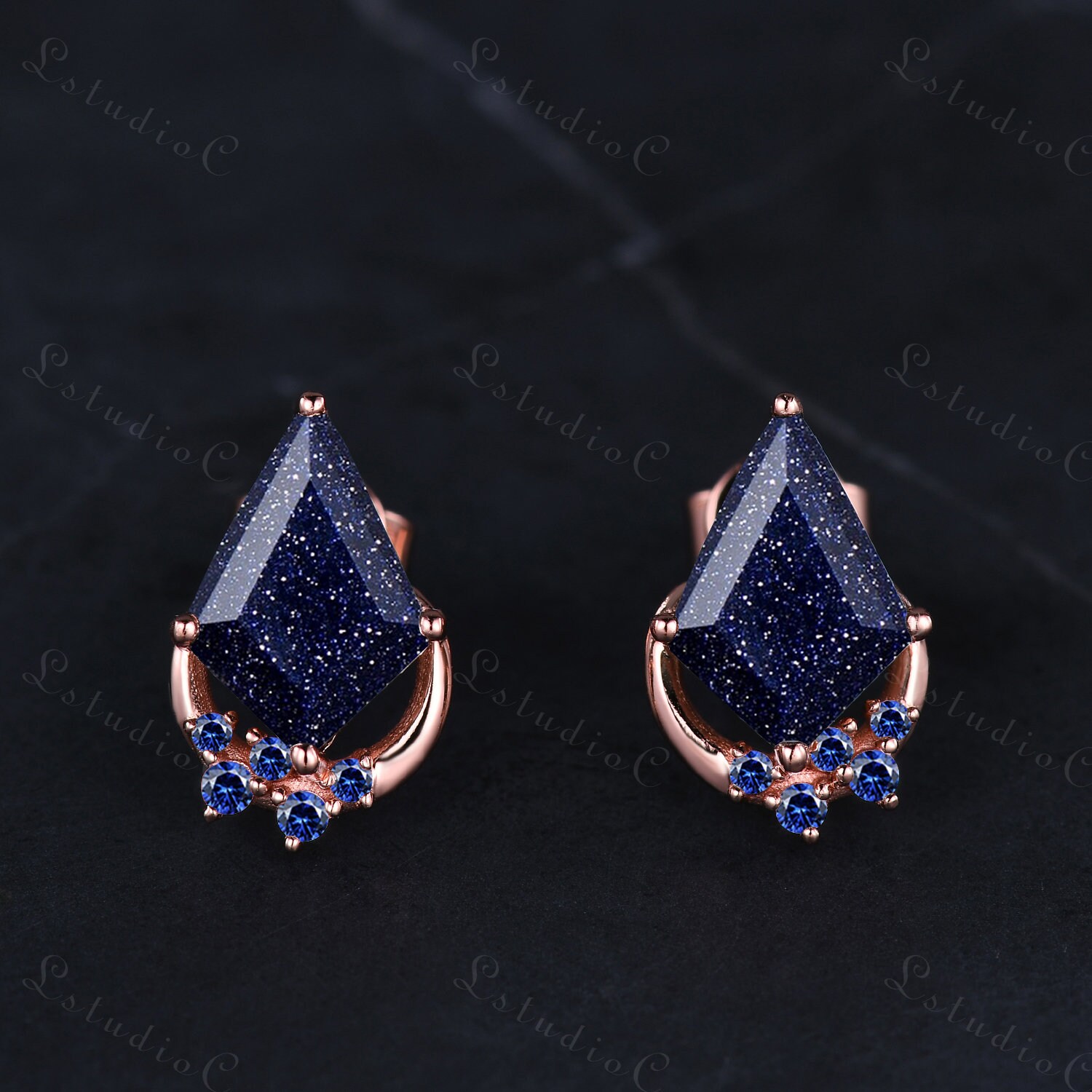 Vintage Kite Cut Blue Sandstone Stud Earrings Rose Gold Cluster Sapphire Moon Dainty Earrings Women Unique Promise Anniversary Gift for Her