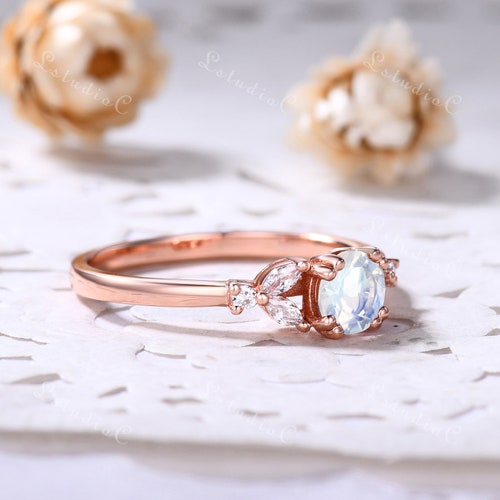 Vintage Rainbow Moonstone Engagement Ring Rose Gold shops Marquise Moissanite Ring Unique Dainty Ring Sterling Silver Promise Ring for Women