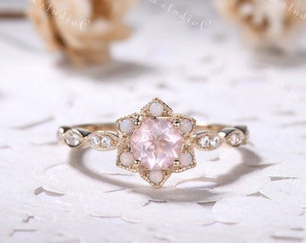 Dainty Rose Quartz Opal Ring Gold Vintage Pink Quartz Star Halo Engagement Ring Unique Art Deco Birthstone Ring Viking Ring for Women