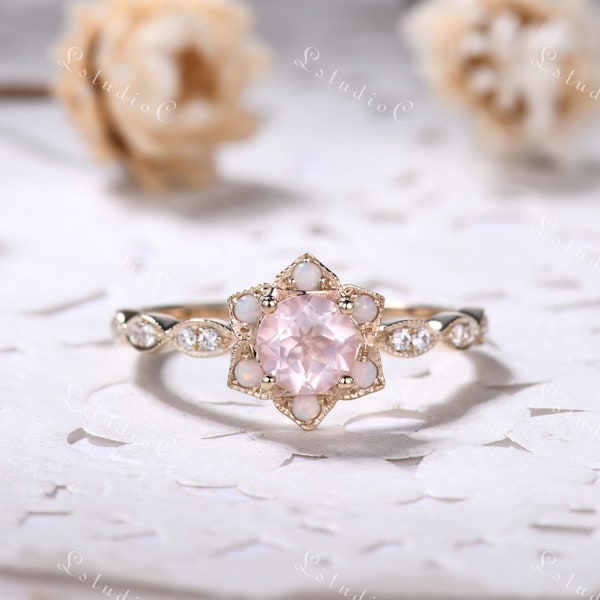 Dainty Opal Rose Quartz Ring Gold Vintage Pink Quartz Star Halo Engagement Ring Unique Art Deco Birthstone Ring Viking Ring for Women