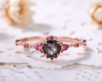 Vintage Small Black Rutilated Quartz Ring Cluster Pink Tourmaline Engagement Ring Dainty Black Quartz Ring October Birthstone Promise Ring