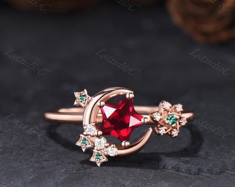 Celestial Star Shape Ruby Emerald Moon Engagement Ring Silver Rose Gold Cluster Crescent Ring Unique May and July Birthstone Ring for Her