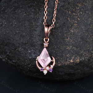 Vintage Kite Cut Rosenquarz Halskette Rose Gold Einzigartige Stern Mond Amethyst Moissanite Anhänger Frauen Vintage Versprechen Jahrestag Geschenk für sie