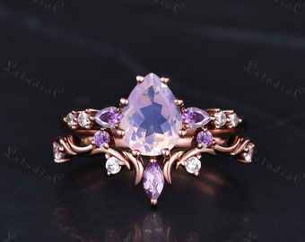 Pear Shaped Cut Lavender Amethyst Ring Set Rose Gold Vintage Purple Stone Engagement Ring Set Moissanite Bridal Set Unique Twig Ring Women