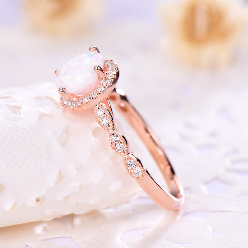 Opal Engagement Ring Halo 14k 18k Rose Gold 925 Sterling Silver CZ Diamond Marquise Milgrain Wedding Band Antique Anniversary Gift Women Set