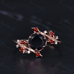 Unique Black Onyx Leaf Engagement Ring 14k Rose Gold Marquise Garnet Moissanite Ring Art Deco Twig Branch Bridal Ring Vintage Gift for Women
