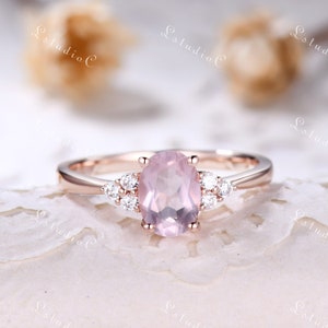 Natural Oval Rose Quartz Engagement Ring Sterling Silver Dainty Quartz Ring Vintage Gemstone Ring Women Unique Wedding Promise Ring image 4