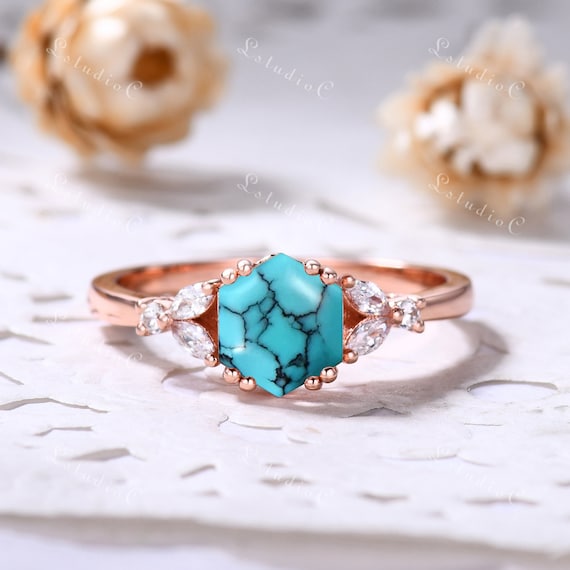Hexagon Cut Turquoise Engagement Ring Vintage Blue Turquoise