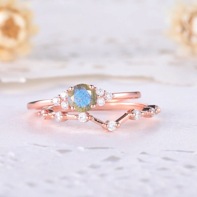 Dainty Rose Gold Labradorite Wedding Ring Set CZ Diamond Women Stackable Matching Band shops Sterling Silver 14k Bridal Anniversary Gift
