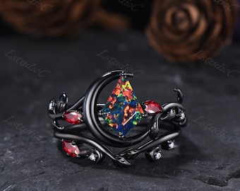 Kite Cut Black Fire Opal Engagement Ring Set Silver Black Gold Marquise Ruby Leaf Vine Ring Crescent Moon October Birthstone Twig Ring