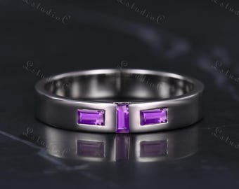 Anillo de boda de plata de ley con amatista talla baguette, anillo apilable de 3 piedras, anillo de piedra preciosa púrpura, anillo de piedra natal de febrero, regalo para hombres y mujeres.