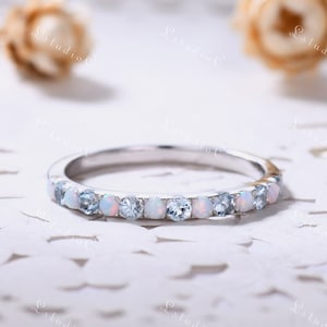 Opal Aquamarine Wedding Ring Dainty Opal Wedding Band Opal Stacking Ring Vintage Stackable Ring Silver Gemstone Ring Anniversary Gift