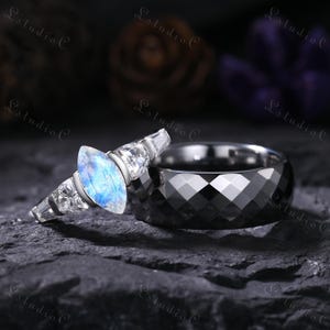 Marquise Cut Moonstone Couple Engagement Ring Set White Gold Hammered Tungsten Mens Wedding Ring for Women Men Bridal Set Anniversary Gift