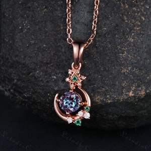 Dainty Alexandrite Emerald Necklace Rose Gold Vintage Star Moon Moissanite Pendant Unique Women Anniversary Gift Delicate Jewelry for her