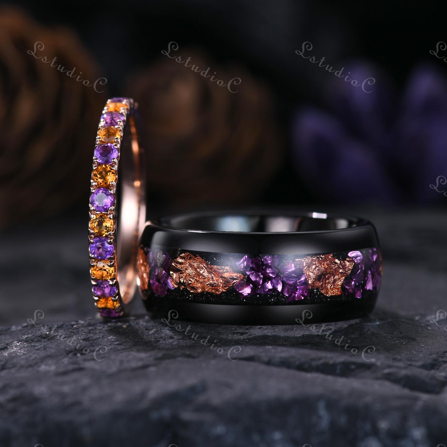 Amethyst Citrine Wedding Ring Set Black Tungsten Amethyst Mens