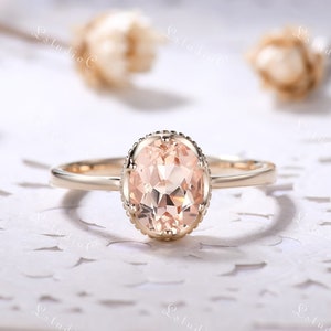 Oval Cut Morganite Bezel Engagement Ring 14k Yellow Gold Vintage Pink Gemstone Minimalist Ring Art Deco Solitaire Promise Ring for Women