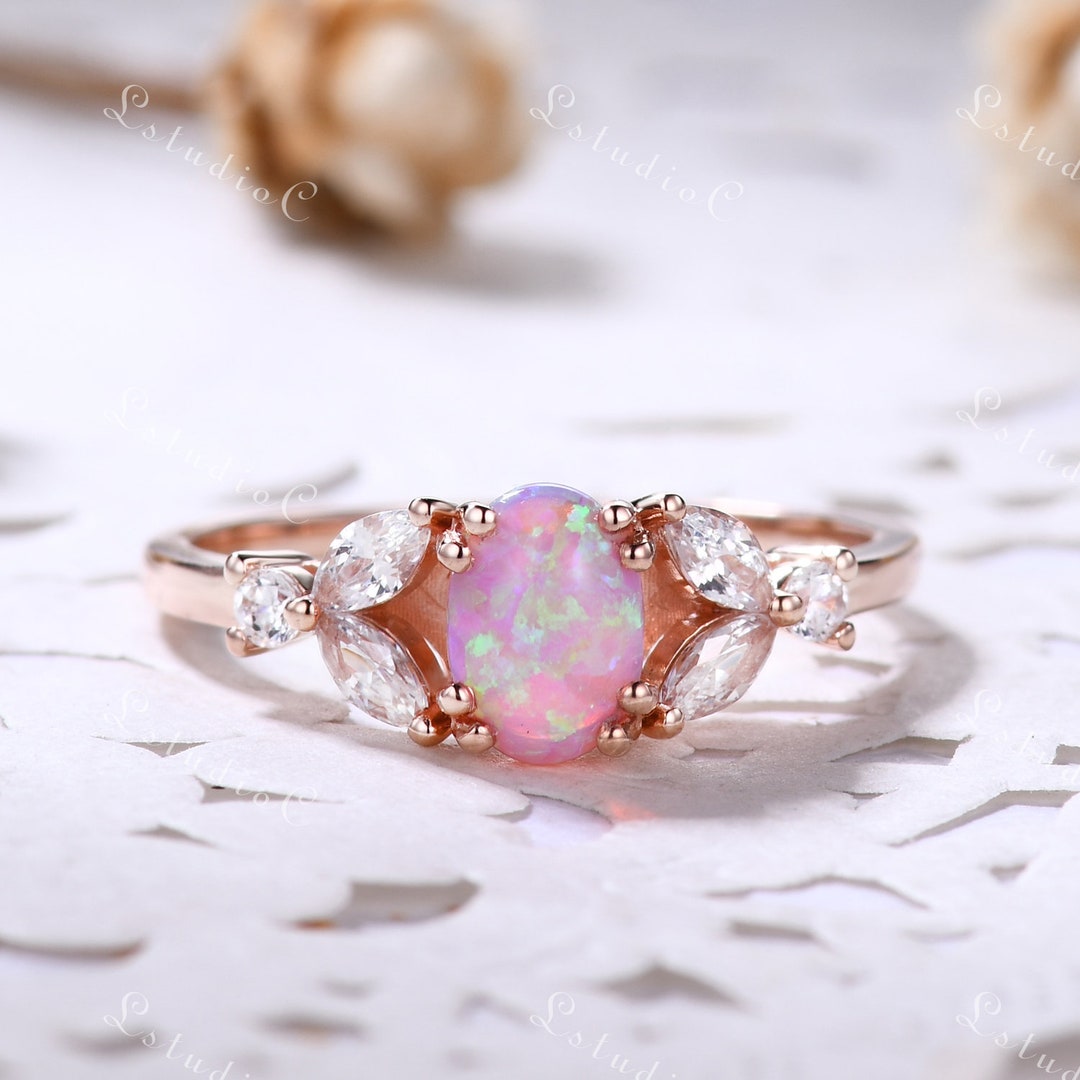 Vintage Oval Pink Opal Engagement Ring 14k Rose Gold Marquise