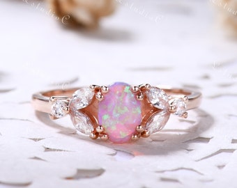Vintage Oval Pink Opal Verlobungsring 14k Rosegold Marquise Moissanite Ring Natur inspiriert Blattring Art-Deco-Ring für Frauen Schmuck