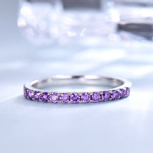 Amethyst wedding band white gold 14k/18k pave eternity wedding ring or 925 sterling silver natural birthstone matching band stacking ring