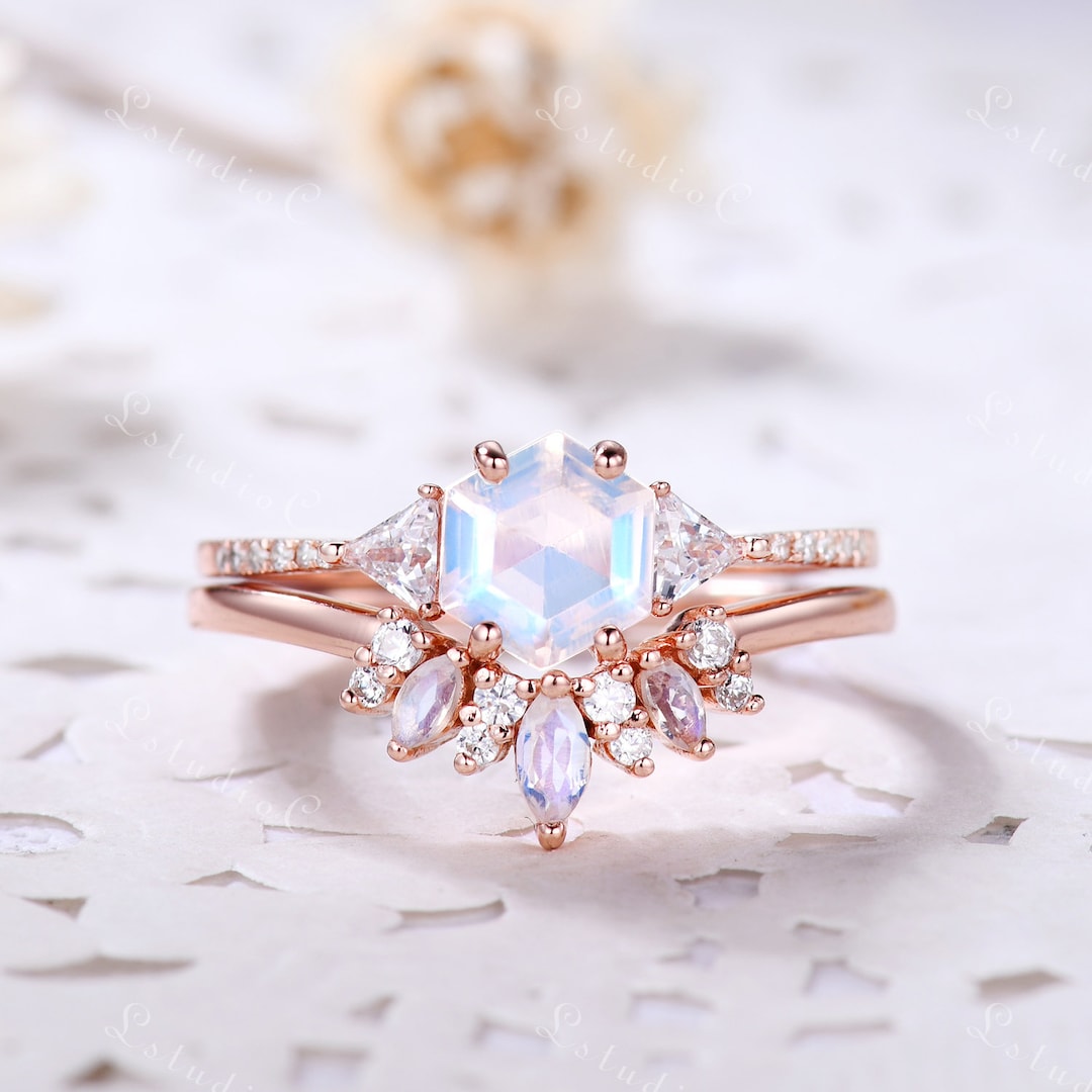 Hexagon Cut Moonstone Engagement Ring Set Rose Gold Rainbow Moonstone ...
