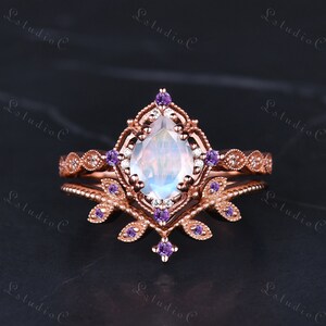 Einzigartige Pear Cut Blau Mondstein Blatt Verlobungsring Set Vintage Art Deco Amethyst Stacking Ring Antike Frauen Braut Versprechen Geschenk Schmuck
