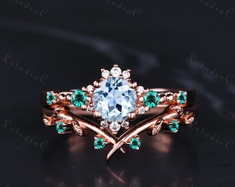 Vintage Blue Aquamarine Engagement Ring Set 14k Gold Unique Emerald Leaf Stacking Ring Branch Vine Bridal Set Moissanite Ring for Women Gift