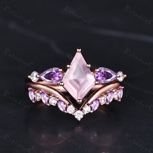 Kite Cut Pink Rose Quartz Engagement Ring Set Vintage Pear Marquise Amethyst Moissanite Wedding Bridal Set Dainty Gemstone Ring for Women
