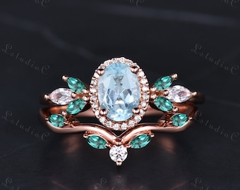 March Birthstone Oval Cut Aquamarine Cluster Engagement Ring Set Unique Marquise Moissanite Emerald Promise Ring Women Dainty Bridal Set