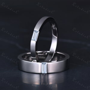 Baguette Schnitt Aquamarin Paar Hochzeit Ring Set Massiv Weißgold Herren schlicht Goldband Frauen Solitär Stapeln Passender Ring Minimalistisches Geschenk