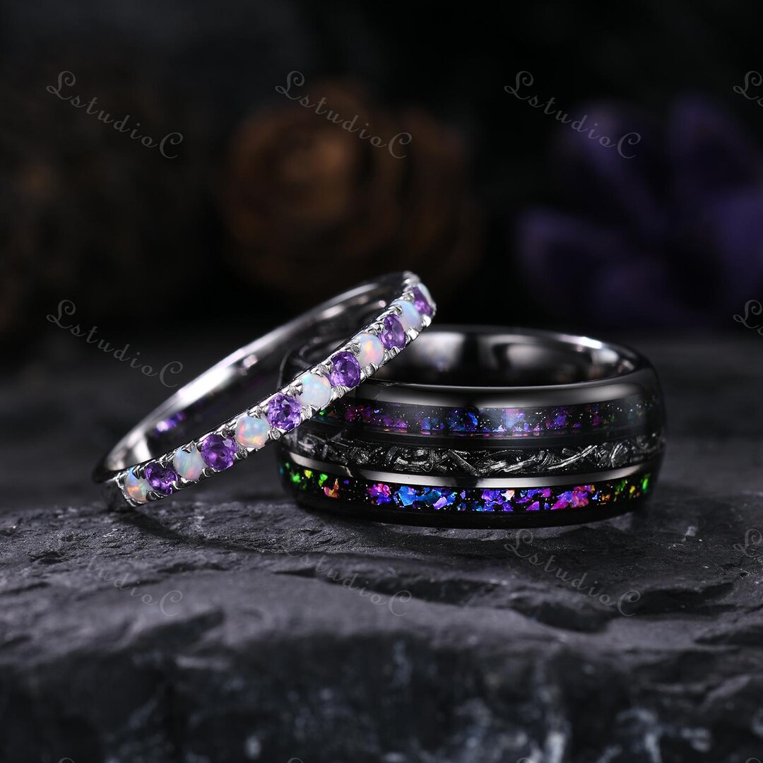 2mm Opal Amethyst Couple Ring Set Black Gold Galaxy Tungsten Mens