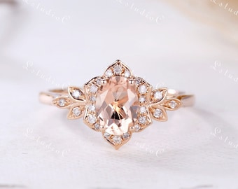 Vintage Morganite Engagement Ring Rose Gold Oval Morganite Ring Art Deco Halo Ring Dainty Ring Anniversary Ring Promise Ring Birthstone Ring