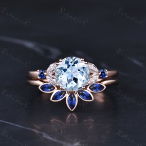 Vintage Round Cut Blue Aquamarine Engagement Ring Set Solid Gold Vintage Marquise Sapphire Wedding Band Cluster Moissanite Women Bridal Set