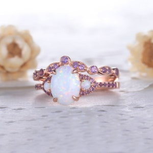 White Opal Amethyst Engagement Ring Set Silver Rose Gold Oval Fire Opal Wedding Ring Set 3 Stone Bridal Set Birthstone Ring for Women image 2