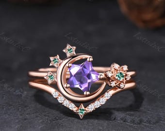 6mm Star Shape Cut Amethyst Starry Emerald Ring Set 14k Rose Gold Crescent Moon Purple Green Gemstone Celestial Ring February May Birthstone