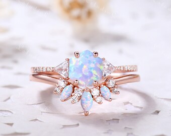 Vintage Hexagon Cut Opal Engagement Ring Set Rose Gold Fire Opal Wedding Ring Set Antique White Opal Bridal Ring Set Sterling Silver Ring