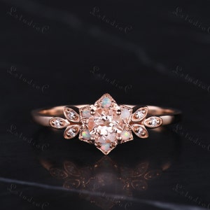 Vintage Round Morganite Flower Leaf Engagement Ring 14k Rose Gold Opal Ring Floral Halo Wedding Ring Art Deco Promise Ring Gift for Women