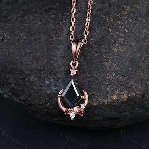 Unique Kite Cut Black Onyx Necklace Rose Gold Star Moon Garnet Moissanite Pendant Art Deco Women Anniversary Gift Vintage Jewelry for her