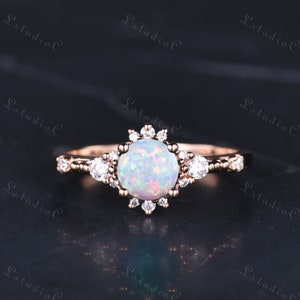 Dainty White Opal Engagement Ring Silver Rose Gold Vintage Small Opal Moissanite Ring October Birthstone Cluster Ring Jewelry for Women